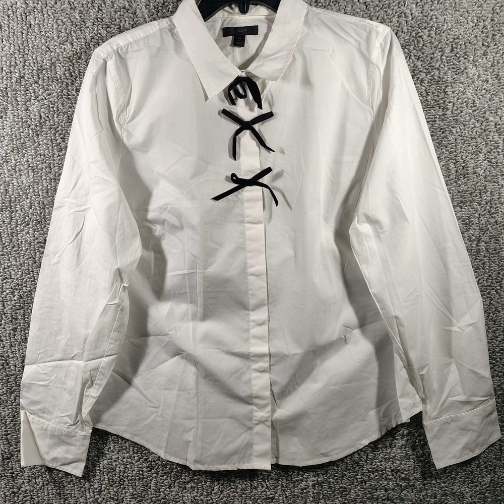 J. Crew Button Down Shirt White Velvet Bow Front Coquette Women Size 16